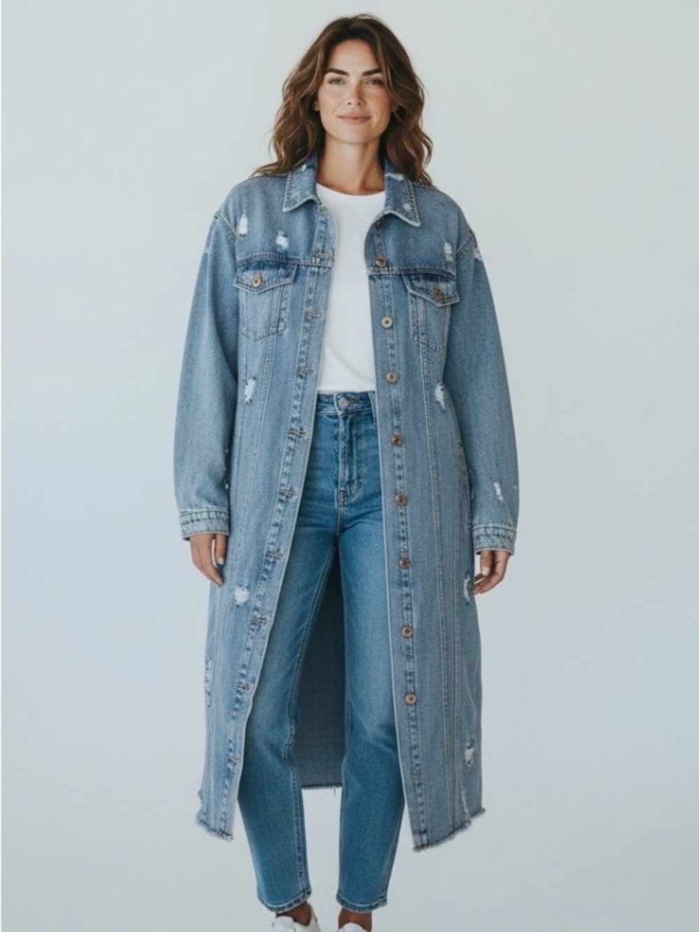 Tribal Long Distressed Denim Coat Jeans - Light Blue